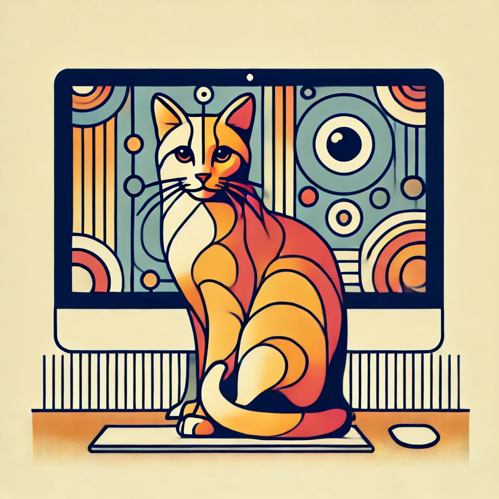 A stylized orange-and-cream cat sits before a geometric computer screen in a Neo-Art Deco illustration