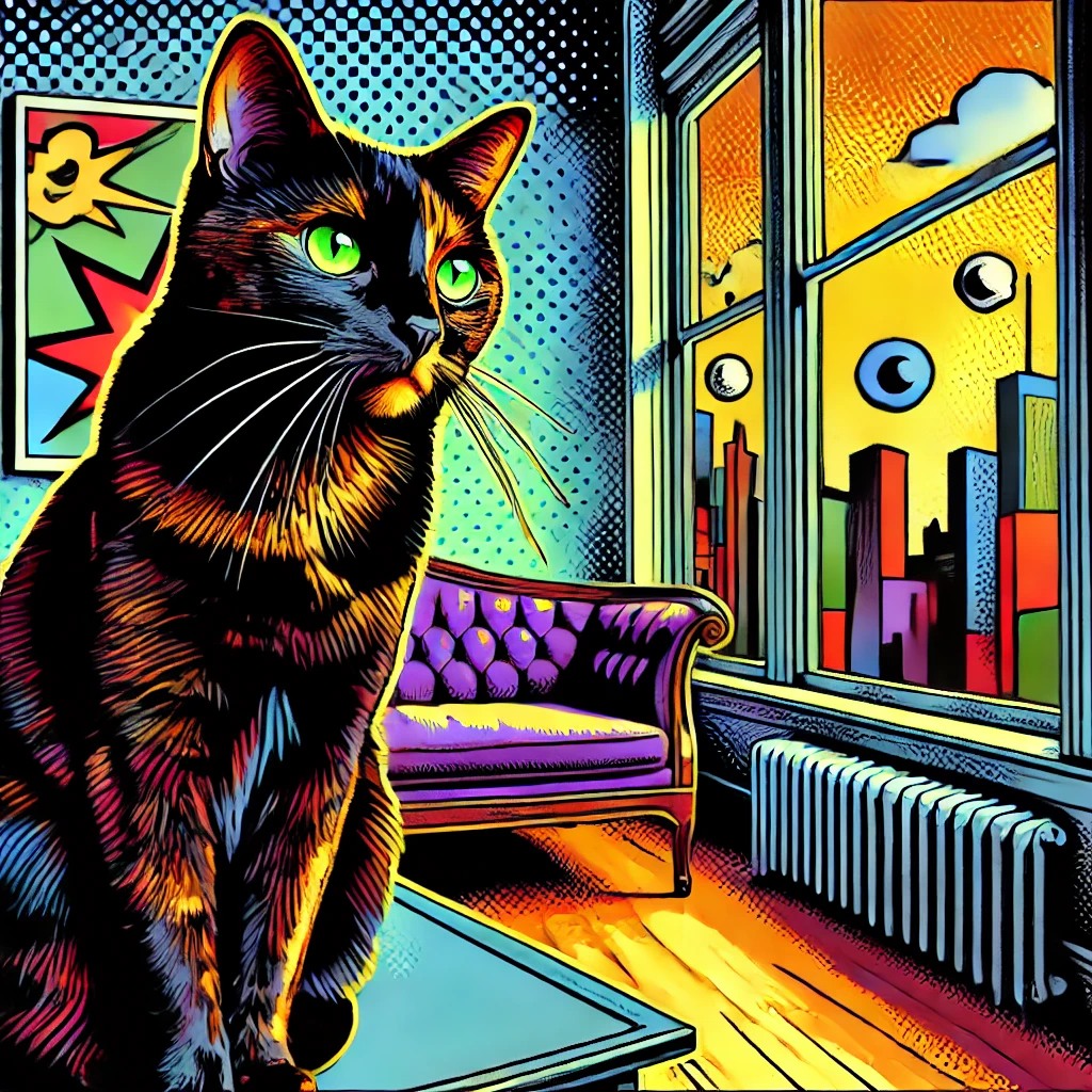 A green-eyed tortoiseshell cat in a vivid Pop Art interior
