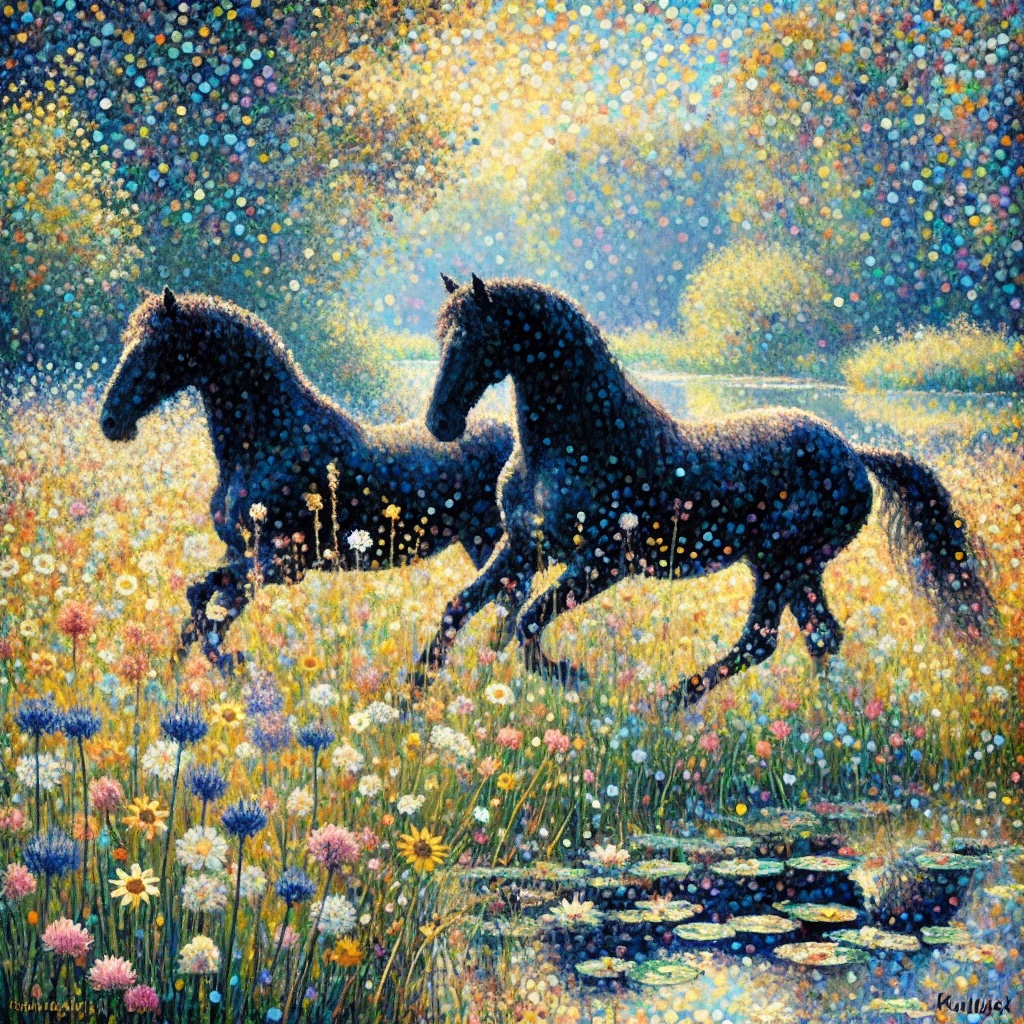 Two dark horses moving through a luminous flower meadow rendered in jewel-like points of color