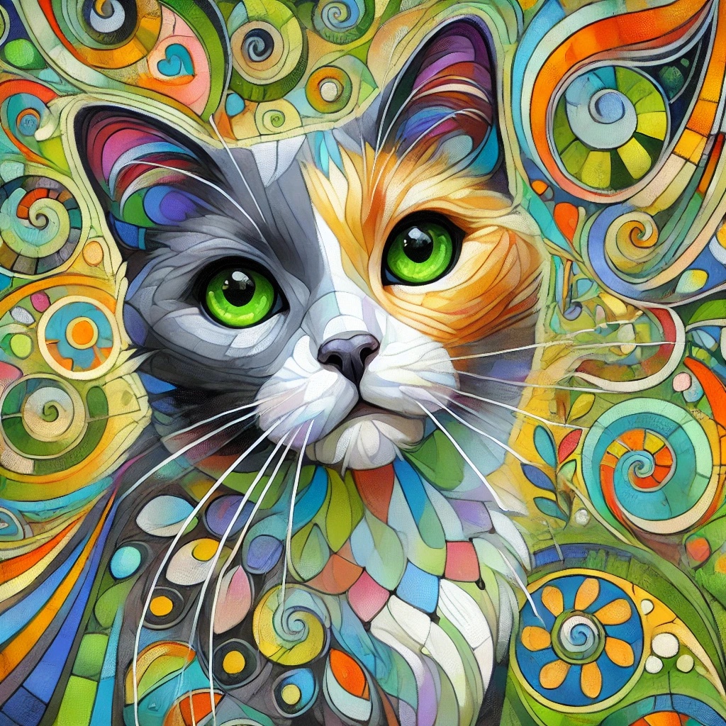 A cat with bright green eyes appears among vivid spirals and geometric patterns in a Pop Art portrait