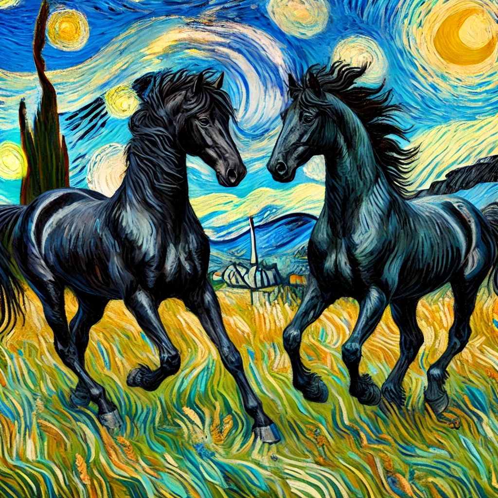 Two black horses beneath a swirling blue and gold starry sky in a Post-Impressionist landscape