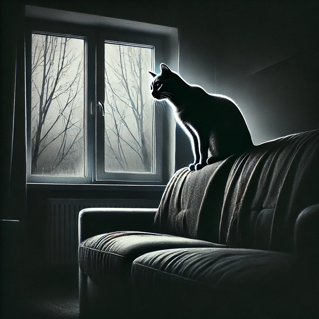 A black cat watches from a couch in dramatic window light