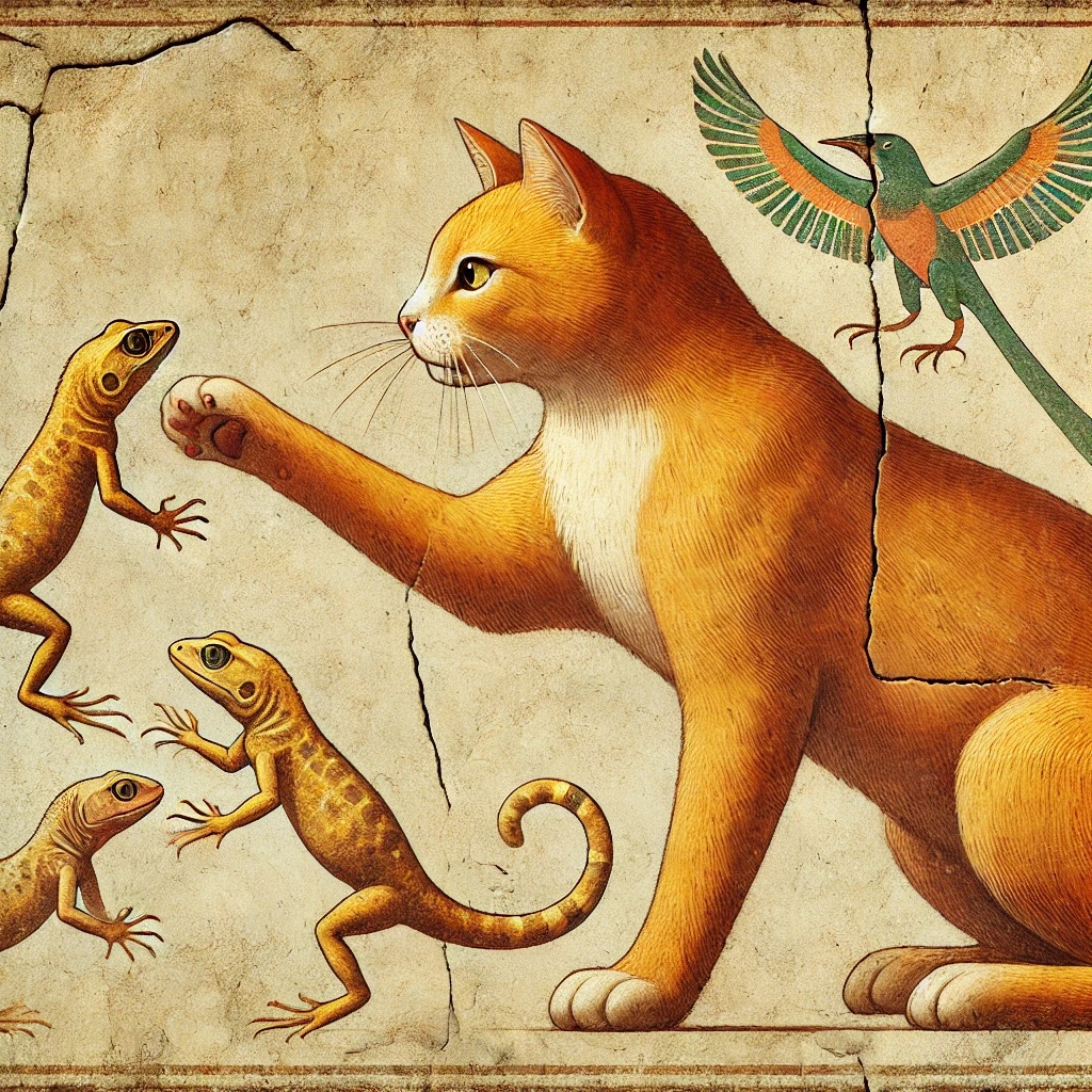 An orange-and-white cat raises one paw toward three anoles in an Egyptian mural-style scene with a green-and-orange bird