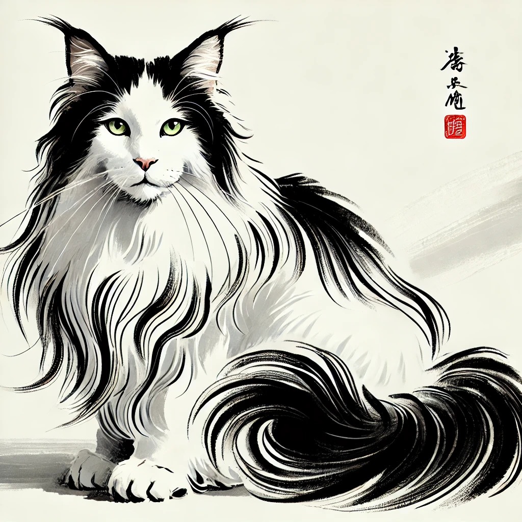 A black-and-white Maine Coon with green eyes and flowing ink brushwork