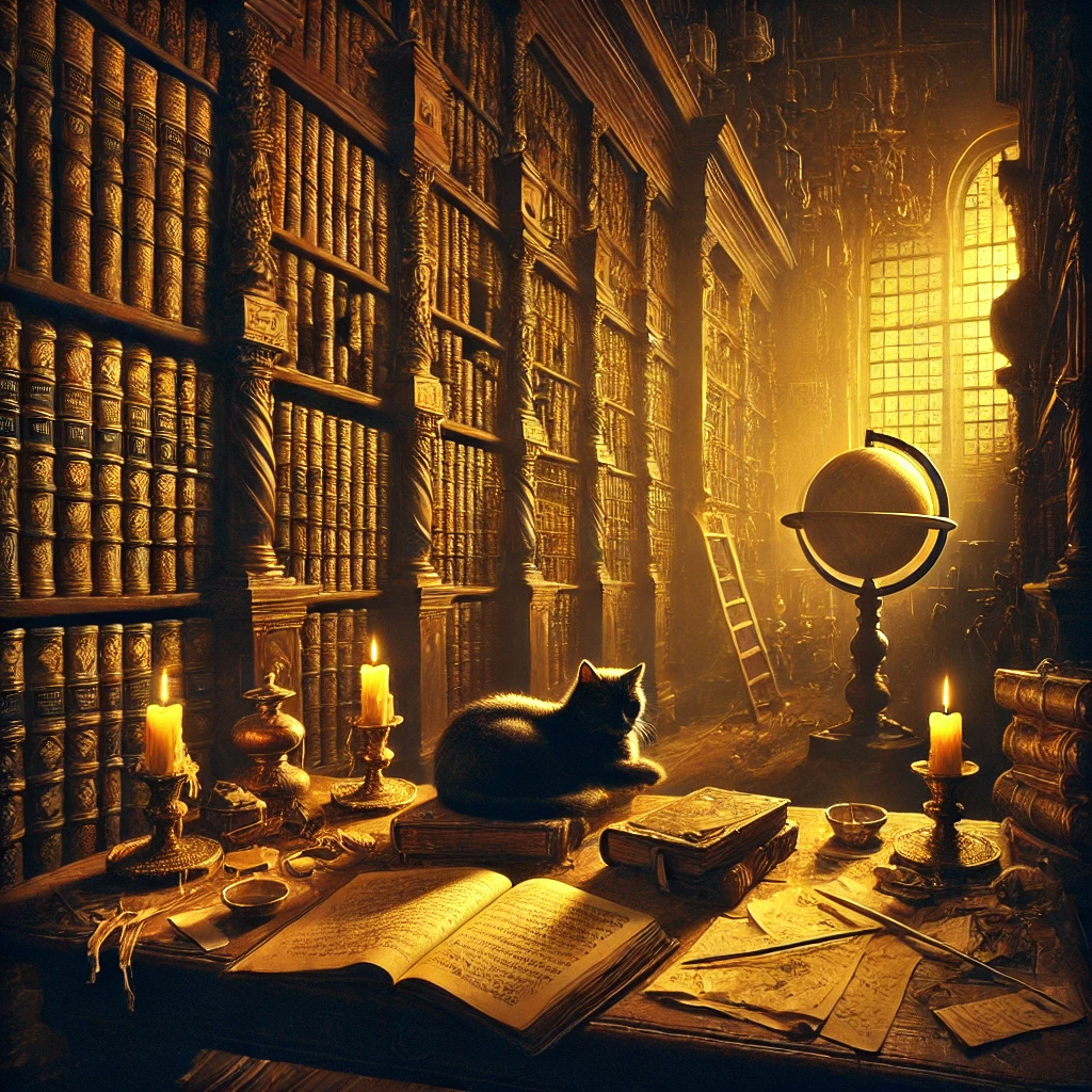 A cat resting on books in an ornate library illuminated by golden window light and candles