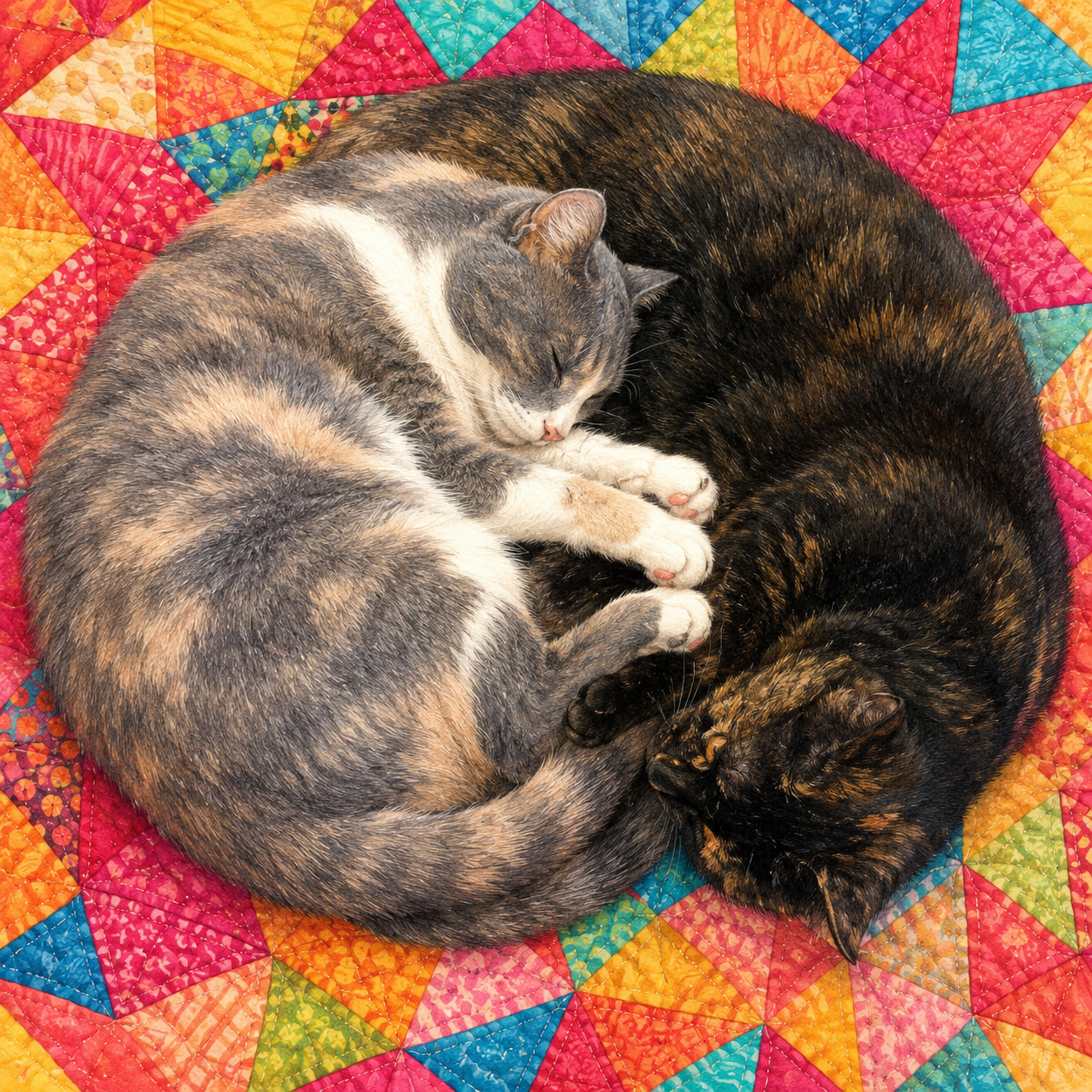 Two cats curled together on a bright patchwork quilt