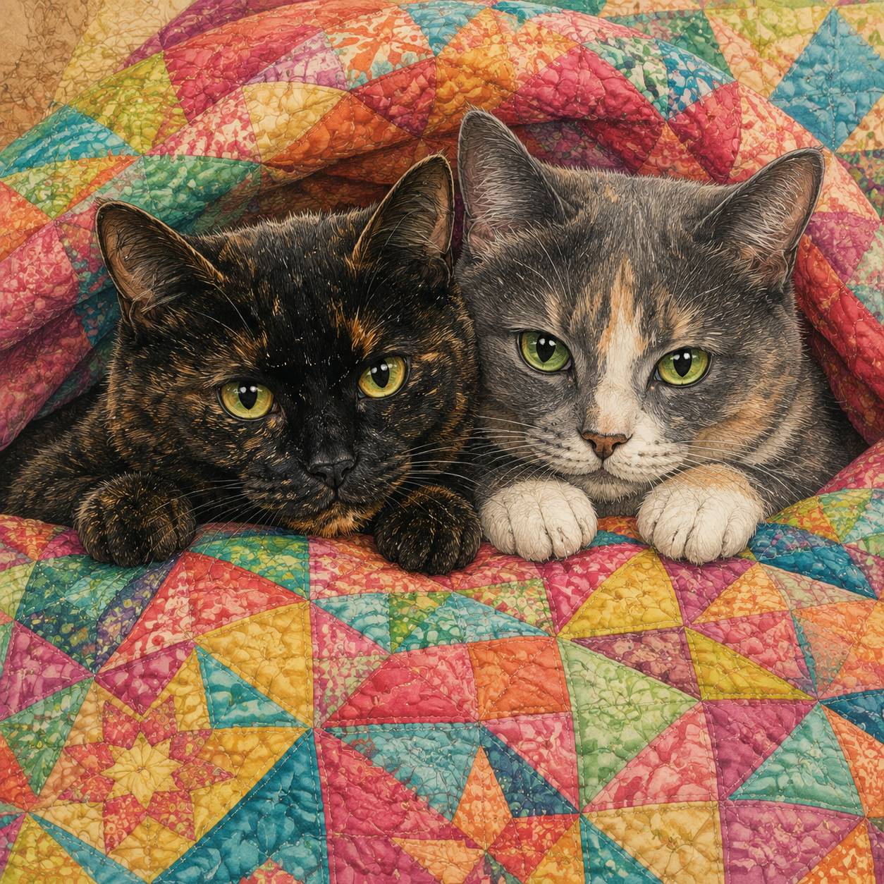 Onyx and Nymph peeking out from beneath a rainbow patchwork quilt