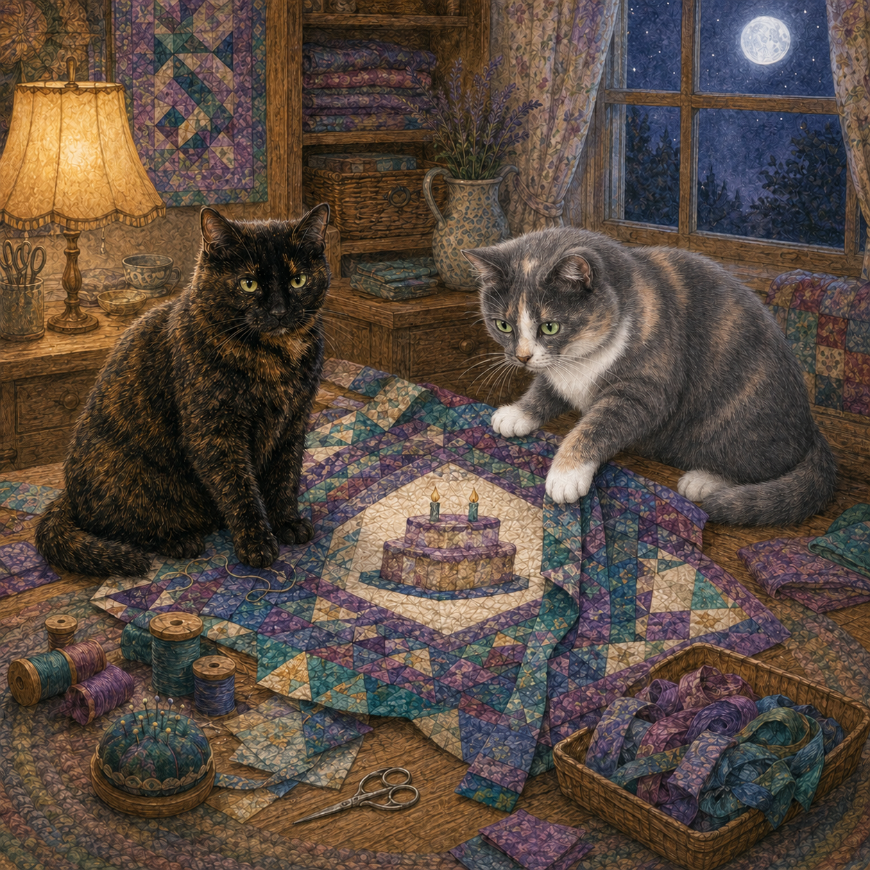 A tortoiseshell cat and a cool-colored calico working on a birthday quilt at night