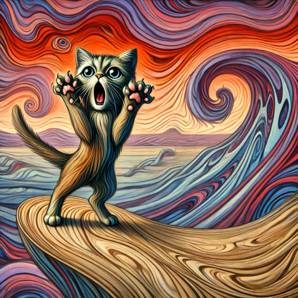 A wide-eyed cat with raised paws amid sweeping orange, violet and blue waves
