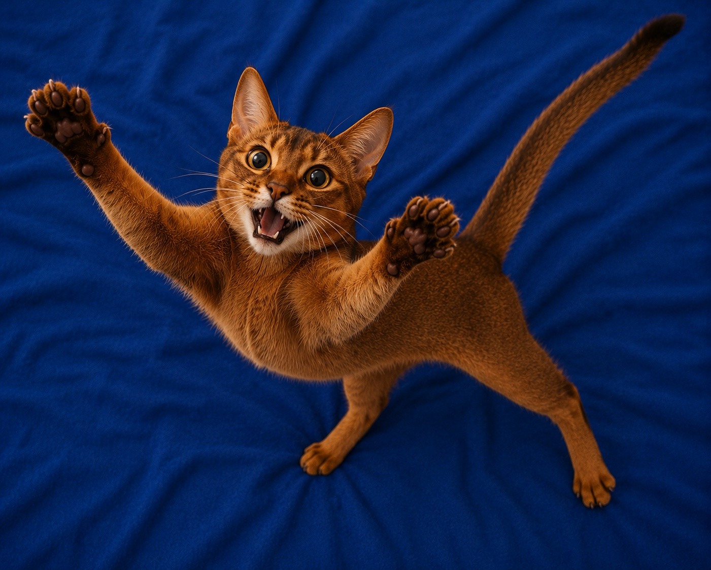 The cat stretches its paws and tail outward against blue fabric