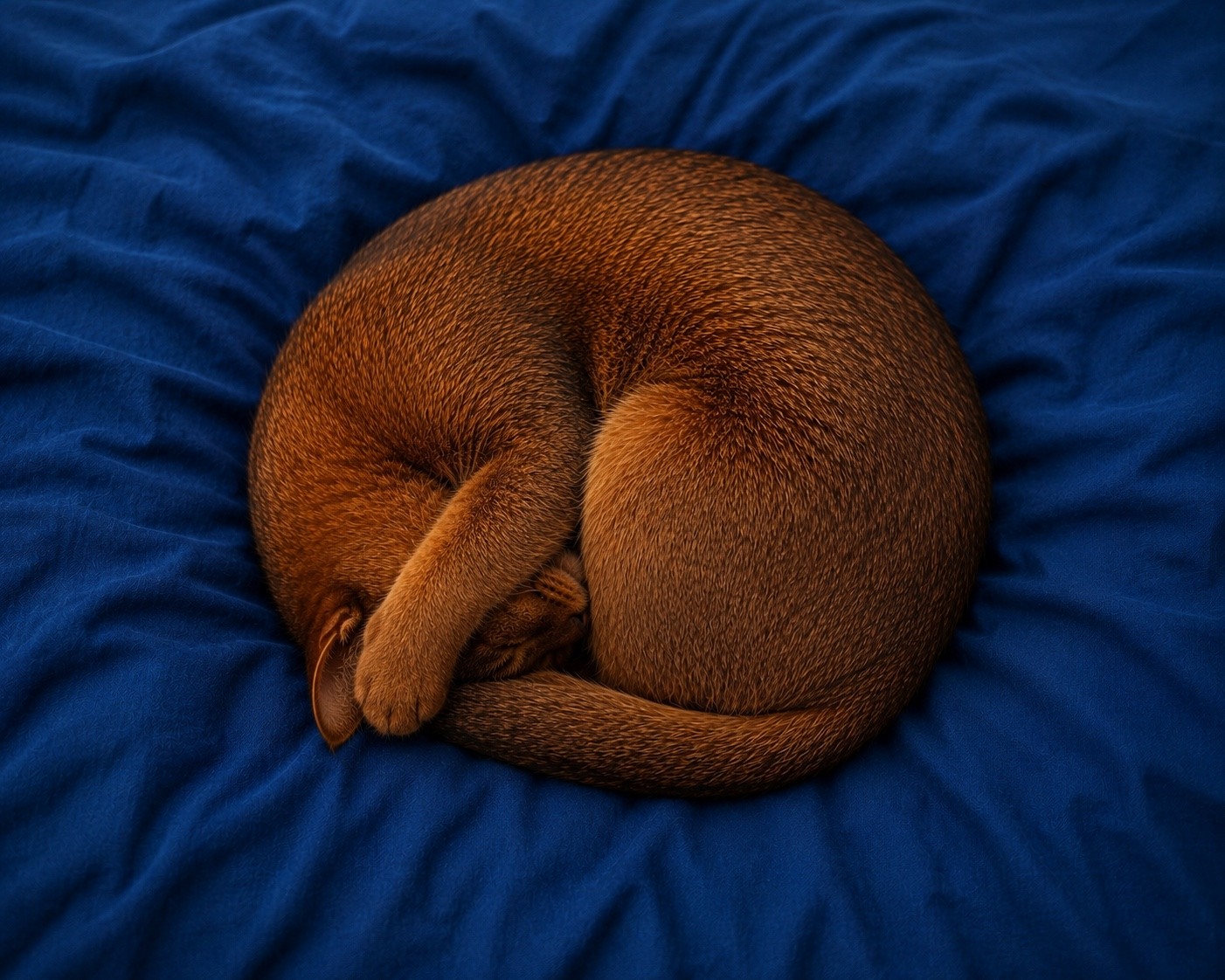 A reddish cat curls into a compact circle on blue fabric