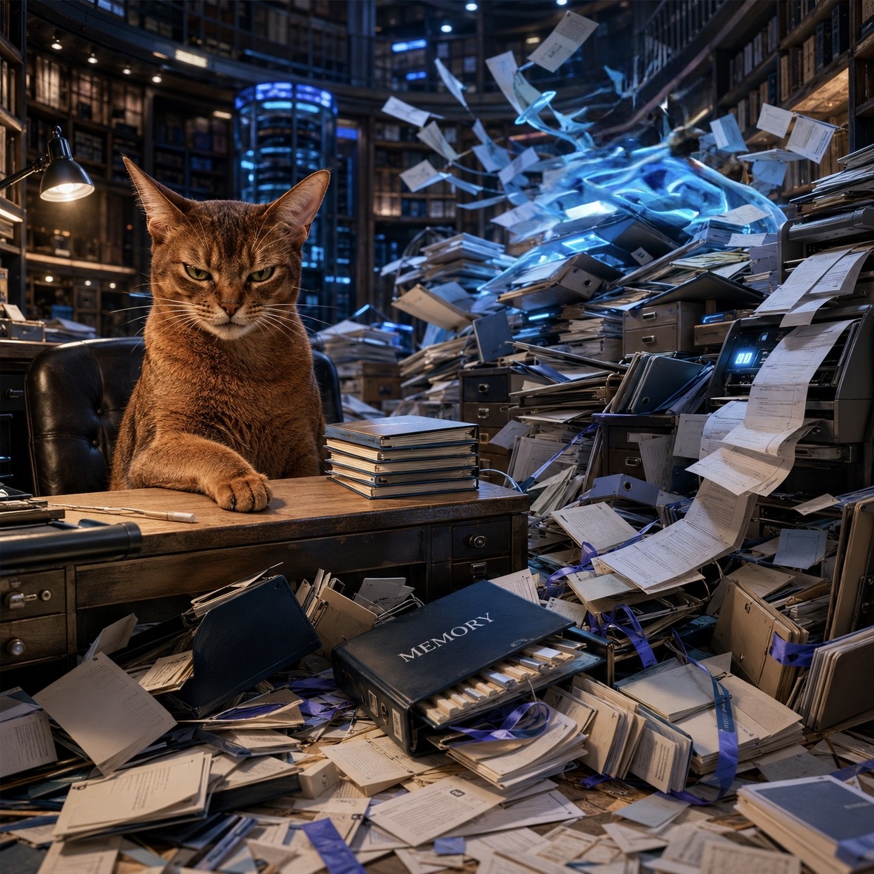 A weary cat at a desk surrounded by paper piles, memory files, and a blue digital whirlwind