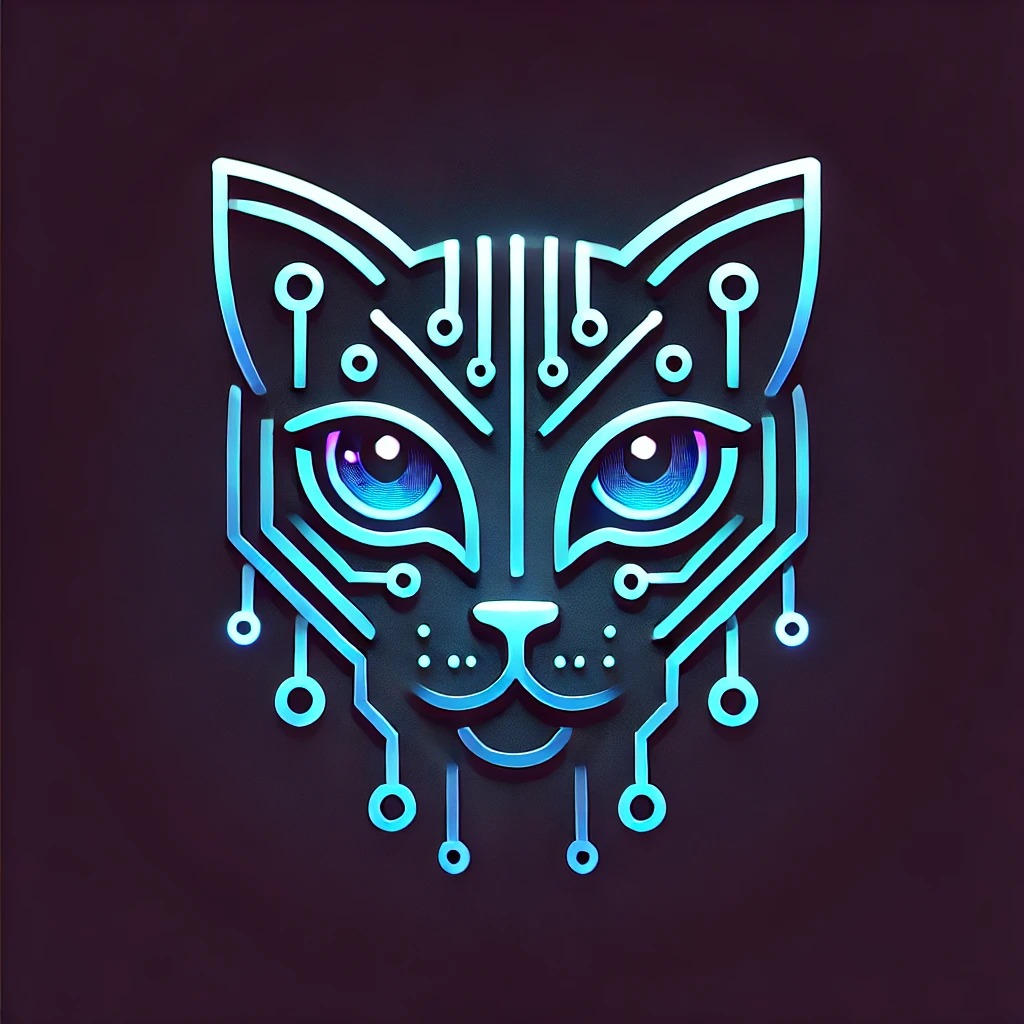 A cyan circuit-cat face with rounded luminous eyes on a dark plum background