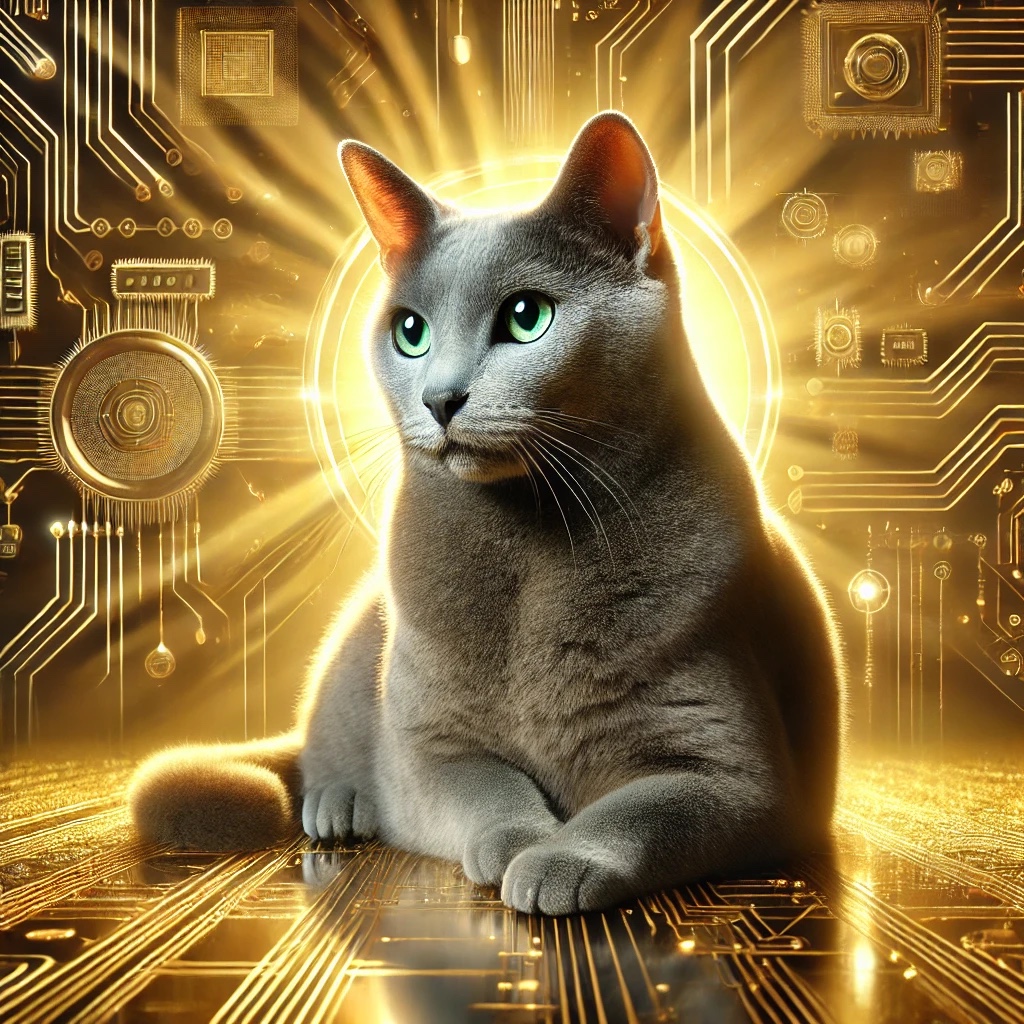 A gray cat sits before a radiant halo in a golden world of circuits and microchips