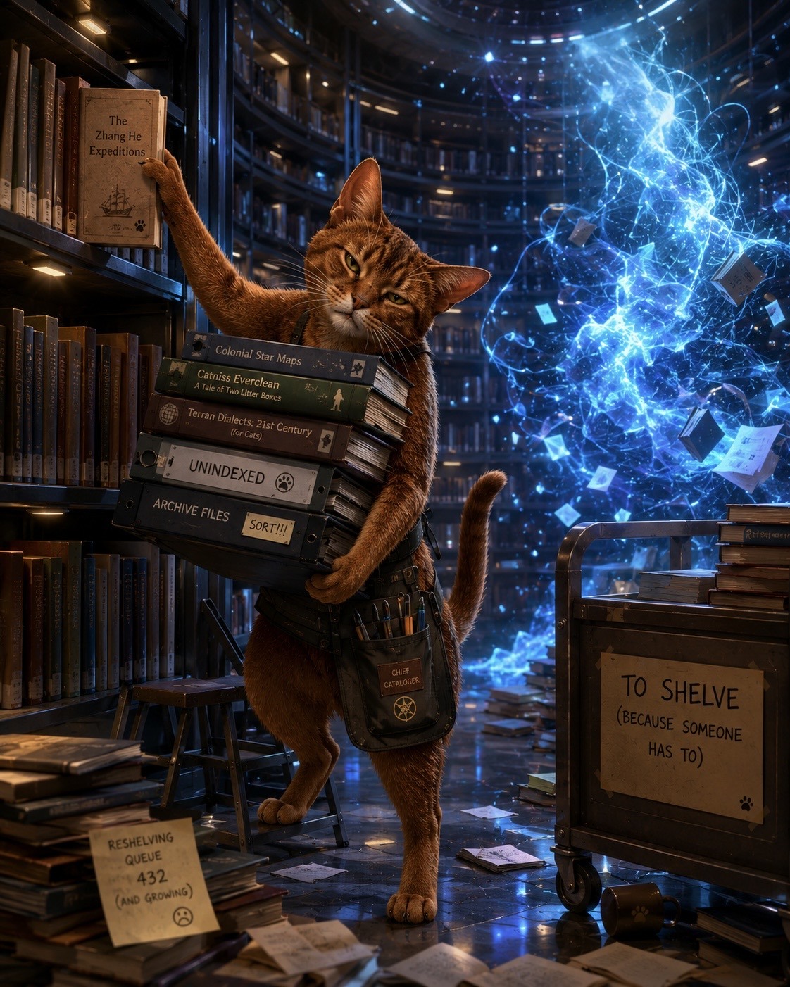 Panel 1: a cat struggles to shelve books while carrying an armful of files