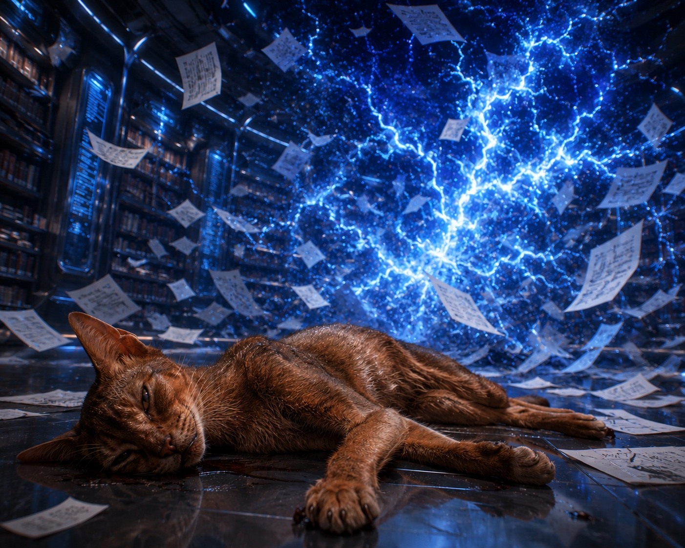 Panel 2: the exhausted cat collapses amid papers and blue digital light