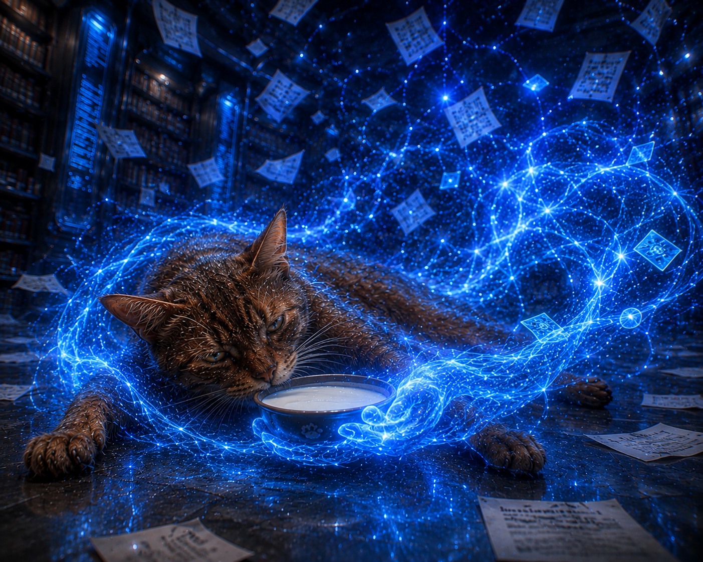 Panel 3: blue AI hands offer a bowl to the resting cat
