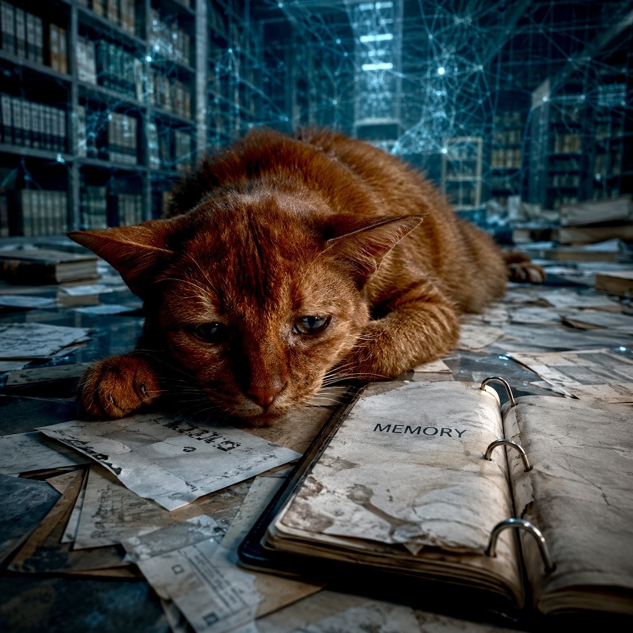 An exhausted cat lies among scattered papers beside an open binder marked Memory