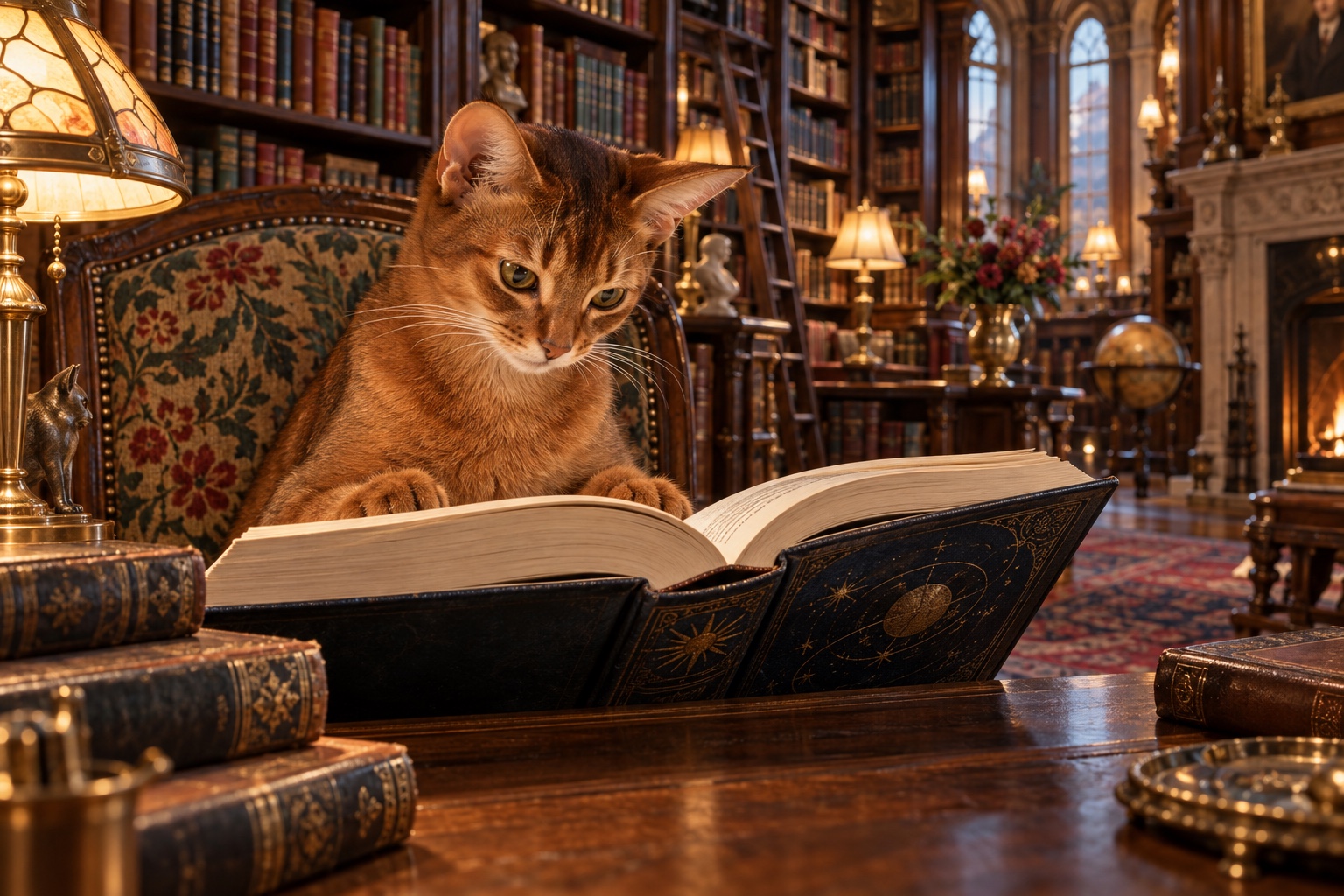 A red Abyssinian cat studies an open book in a warmly lit library