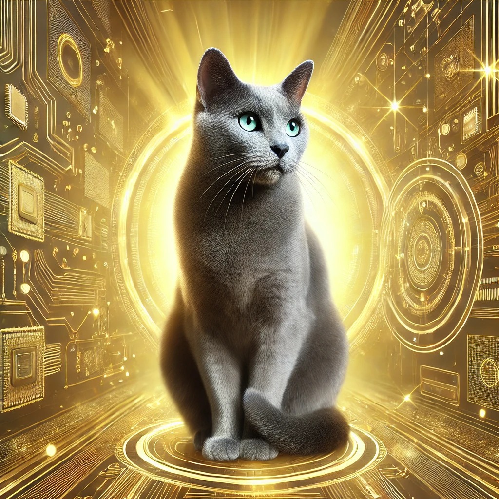 A gray cat before a luminous golden portal and circuitry