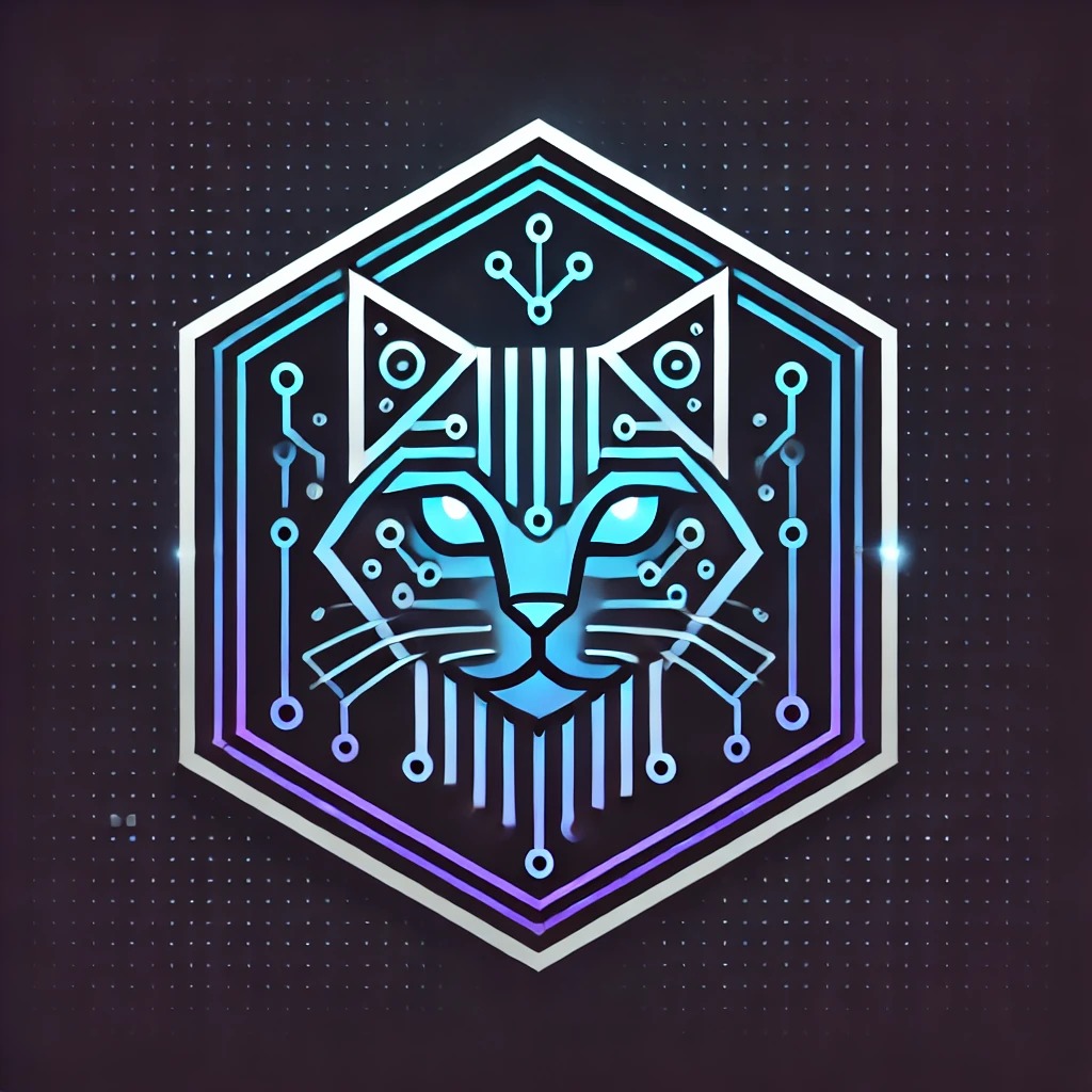 An angular cyan circuit-cat face within a hexagonal frame