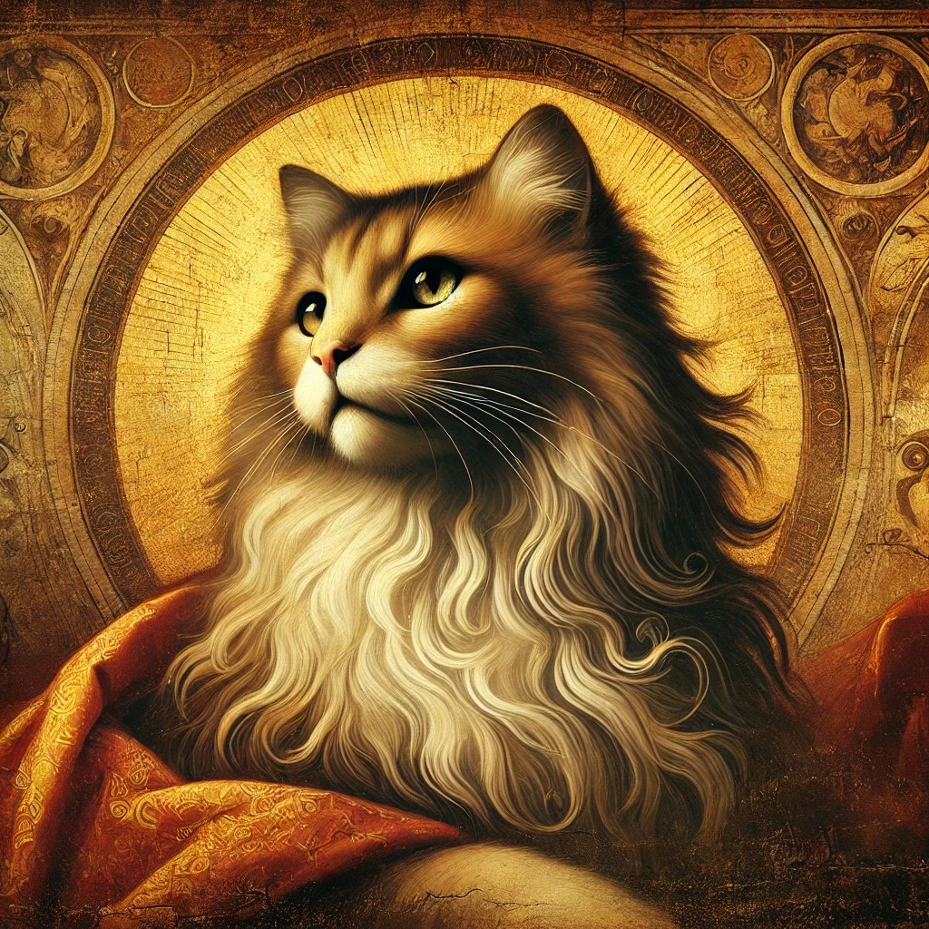 A longhaired tabby-and-white cat with a golden halo and red-and-gold cloth