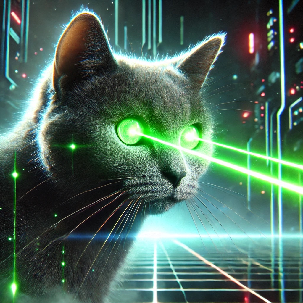 A gray cat with glowing green eyes emits two green laser beams in a neon circuit-like city