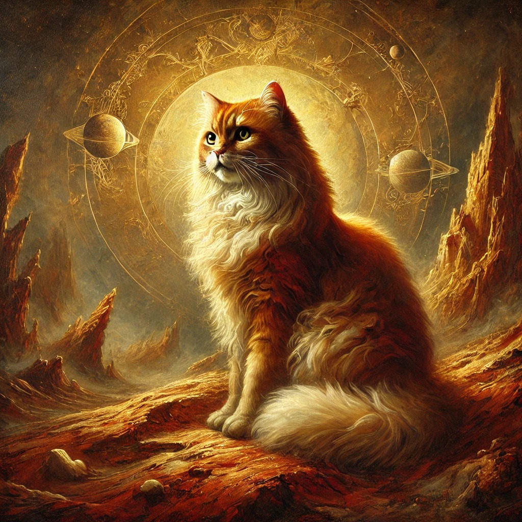 A longhaired orange-and-white cat on a rocky golden world with orbital circles and planets