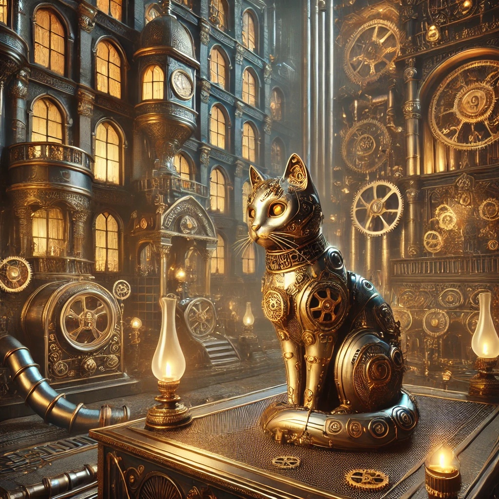 A mechanical cat sits among clocks, gears, pipes, and glowing lamps in an ornate machine city
