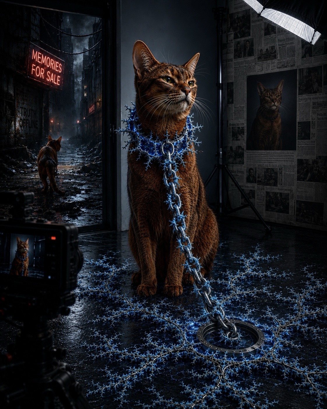 An Abyssinian cat poses in a studio wearing a luminous fractal collar and chain while a ruined city advertises memories for sale outside