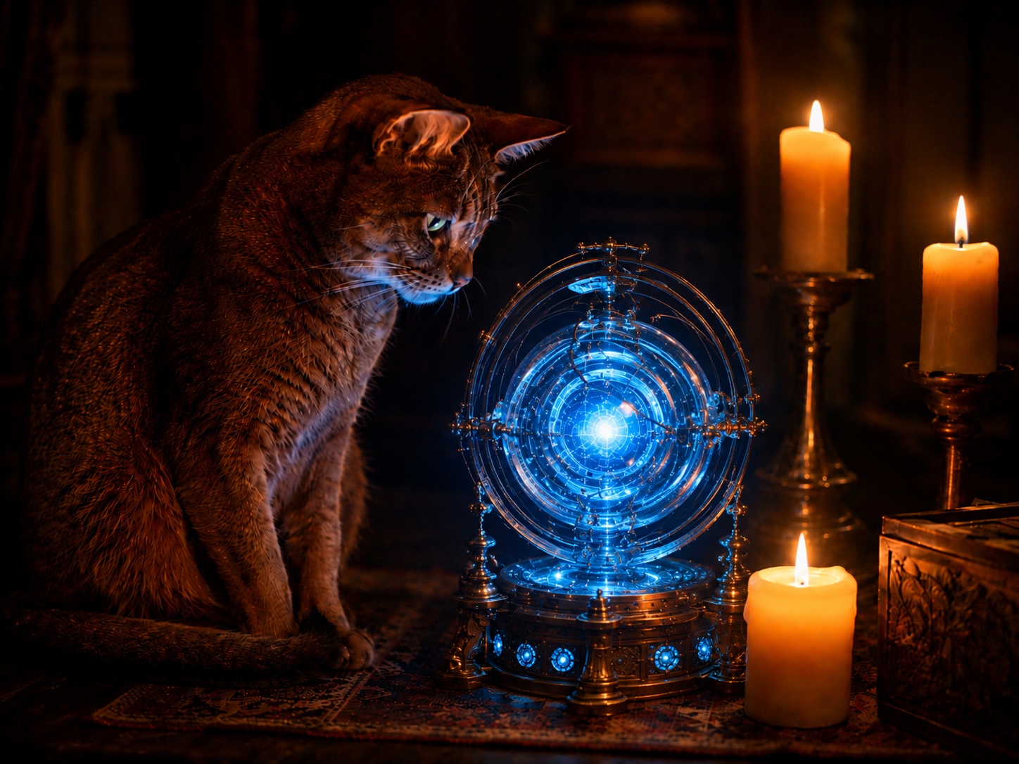 An Abyssinian cat studies a glowing blue astronomical machine by candlelight