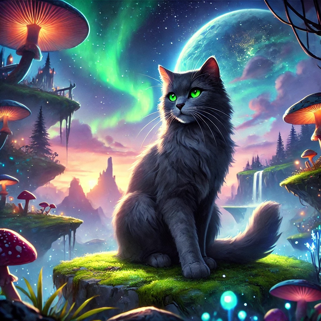 A cat among glowing mushrooms and floating islands