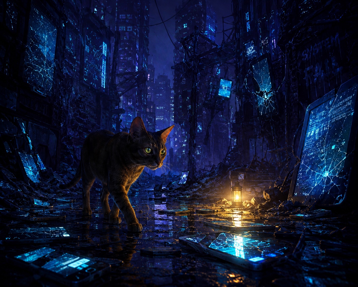 A cat walks through the wet ruins of a dark city filled with shattered blue screens