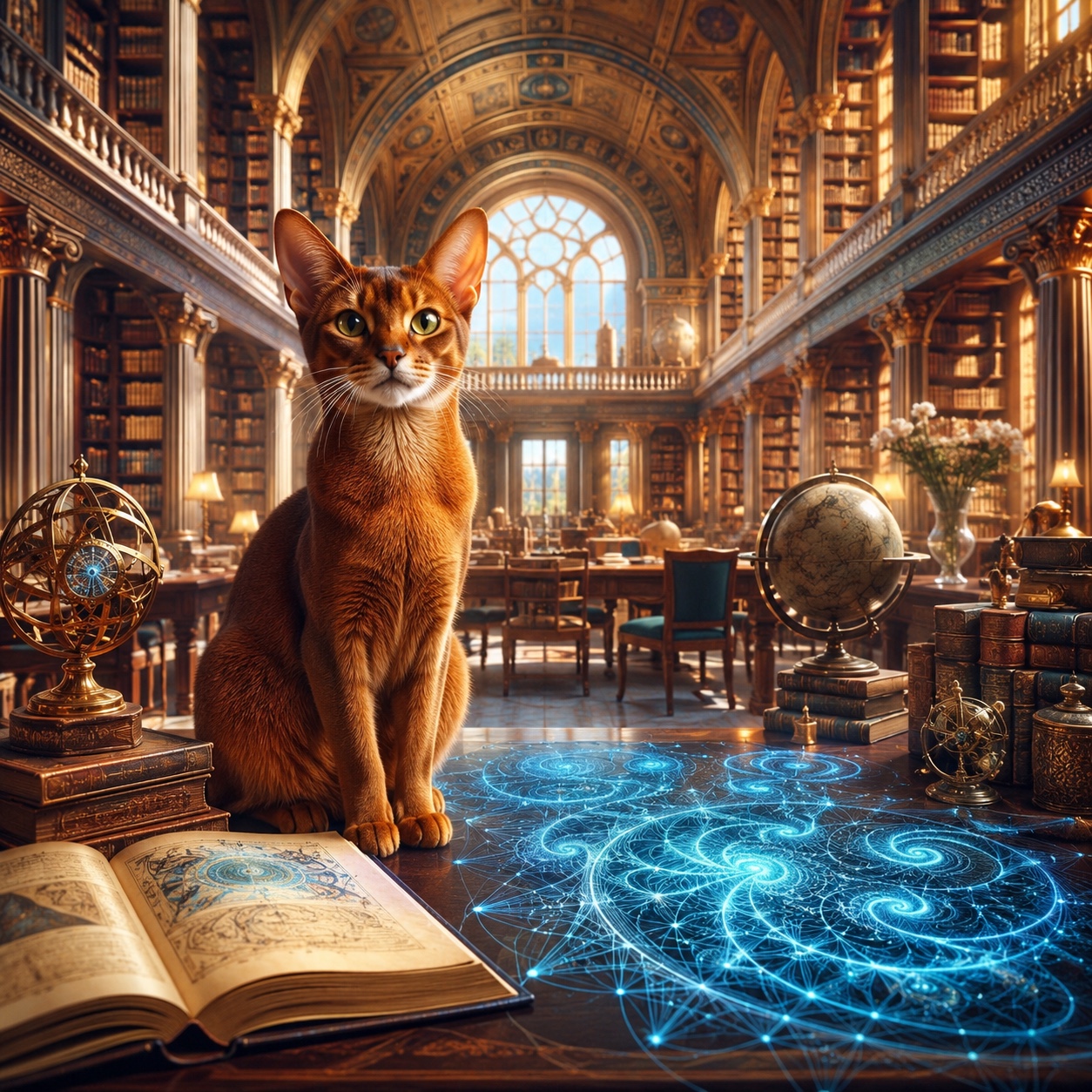 A red Abyssinian cat sits in a grand sunlit library beside an open book and glowing blue fractal patterns spread across a table