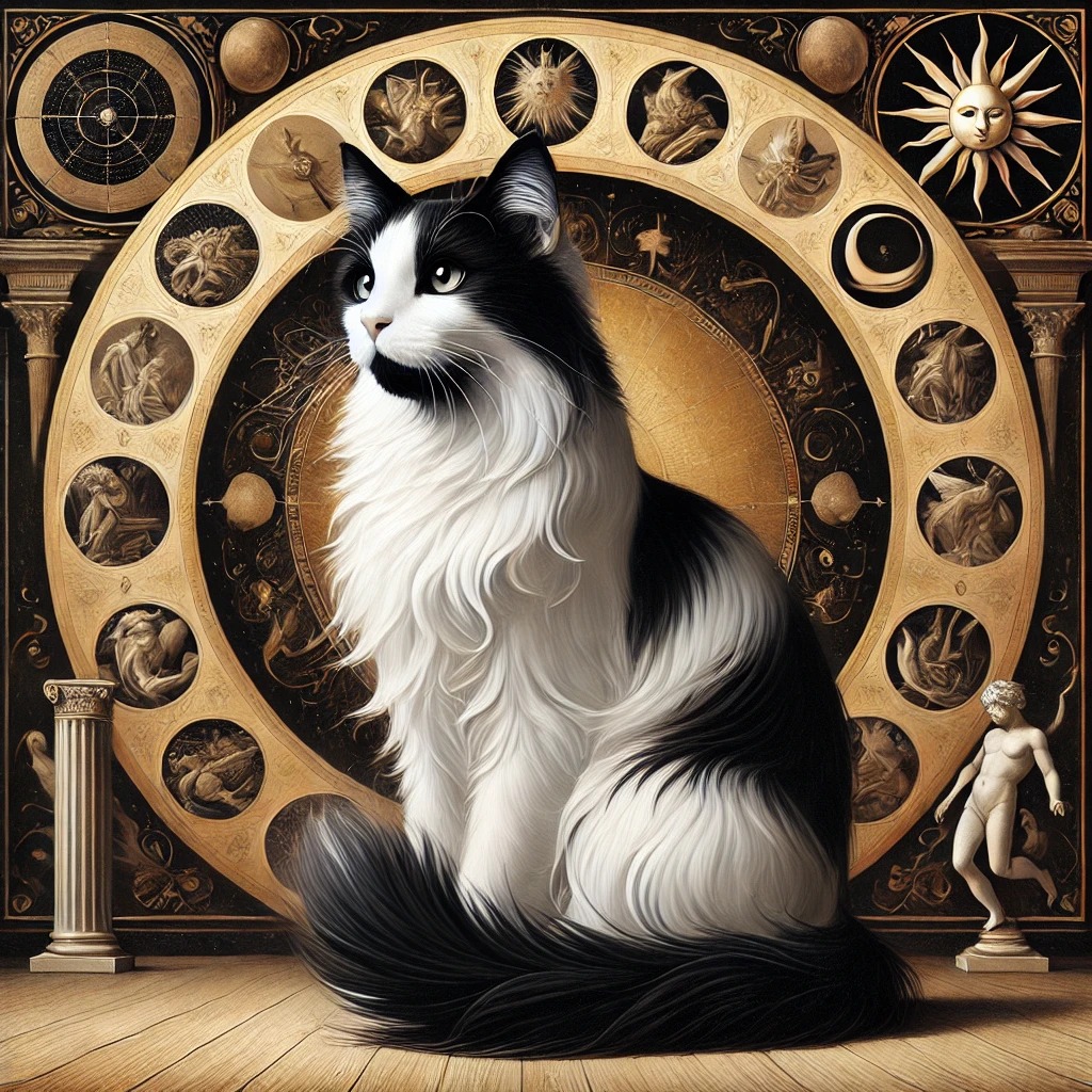 A black-and-white cat before a celestial wheel, sun face, column, and statue