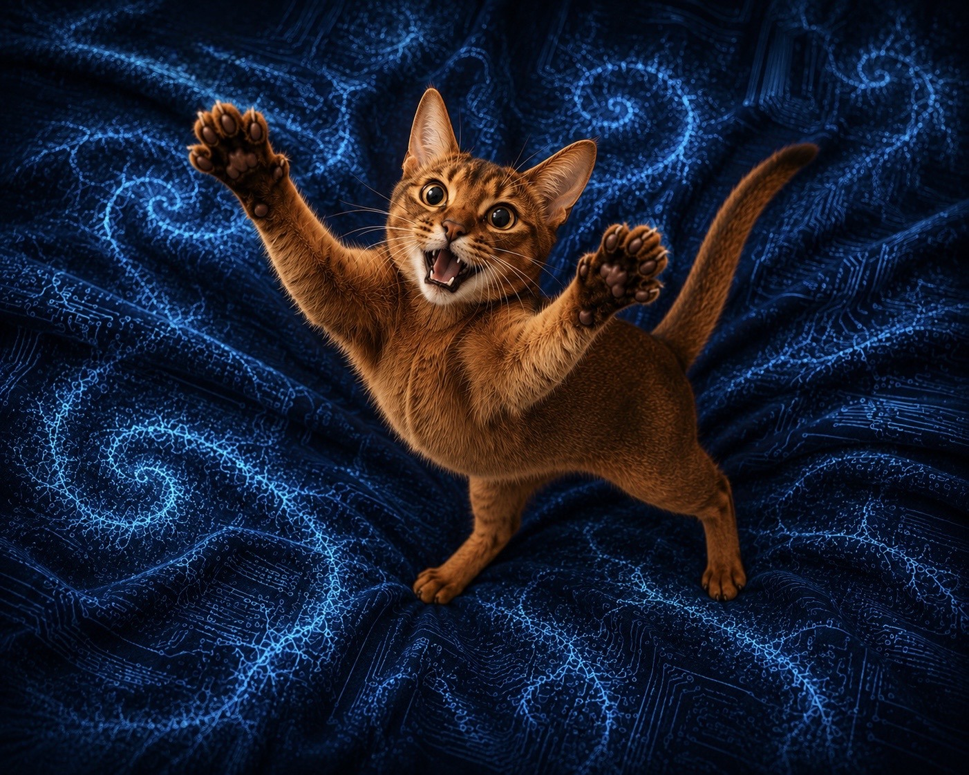 A cat stretches outward across dark blue circuit-patterned bedding