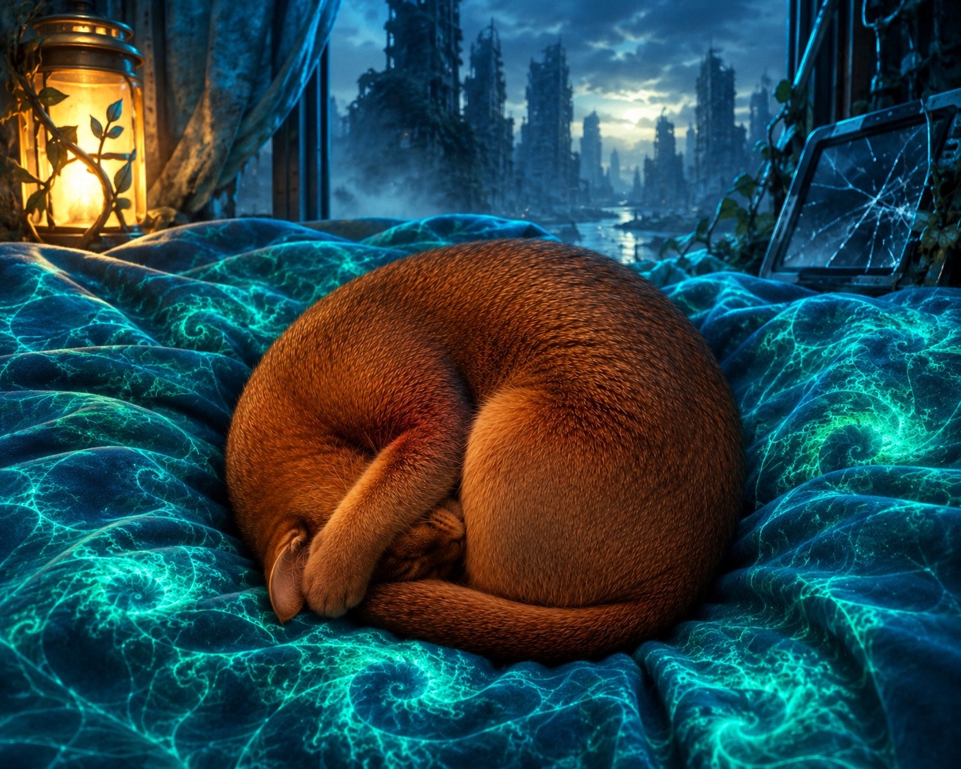 A cat curls on glowing blue fractal bedding overlooking a ruined city