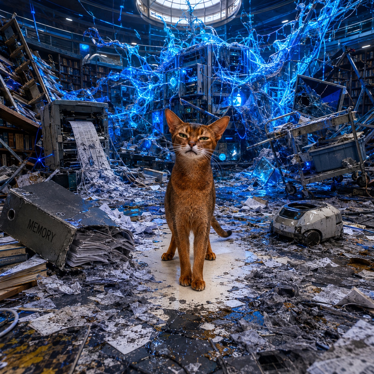 A red Abyssinian cat stands among scattered papers and broken equipment in a library threaded with glowing blue strands