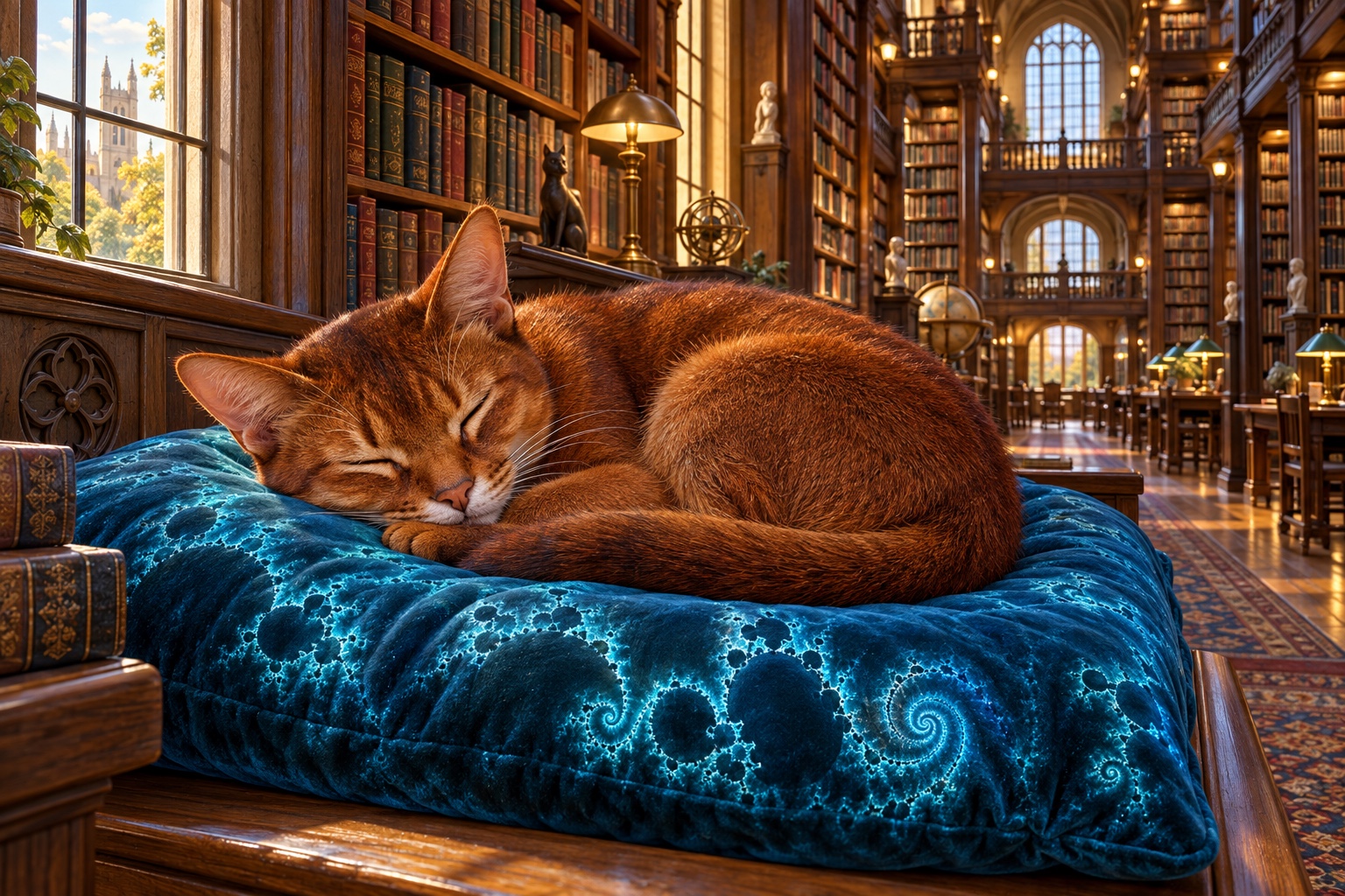 A red Abyssinian cat sleeps on a deep blue cushion patterned with luminous cyan fractals in a sunlit library