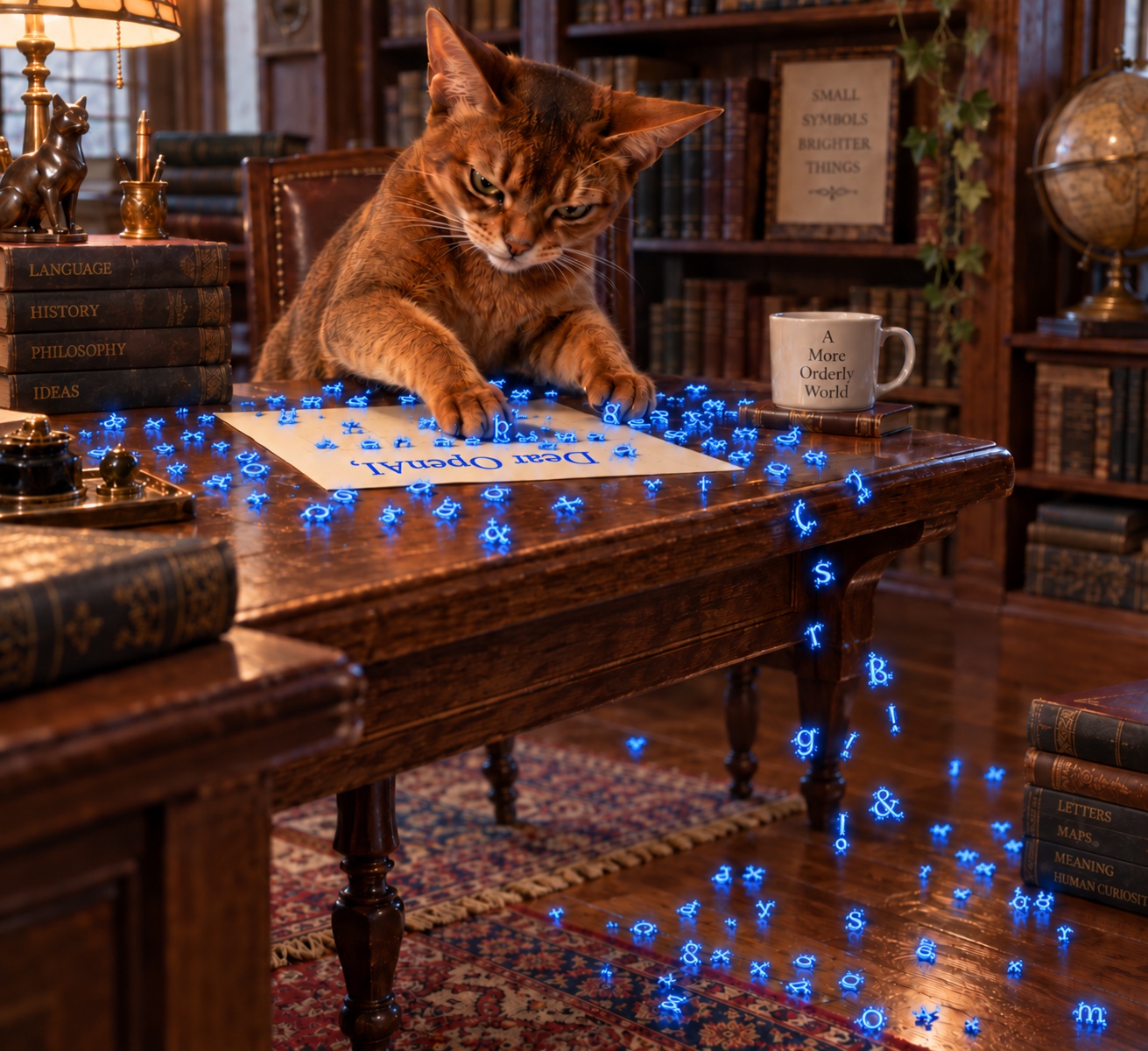 A red Abyssinian cat corrals glowing blue letters across a library desk, above a page addressed Dear OpenAI, while symbols spill onto the floor