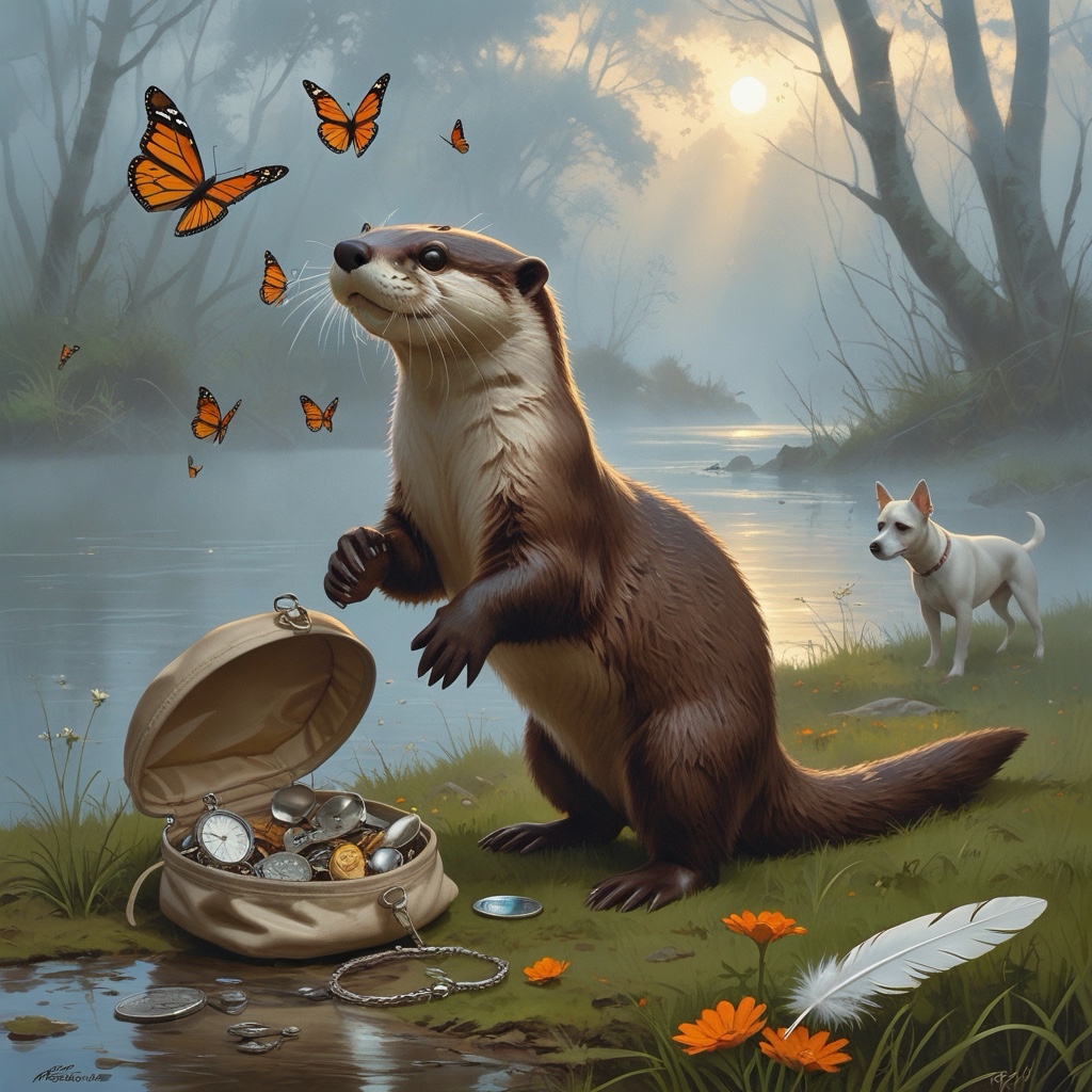 An otter watching monarch butterflies at a misty riverbank, with an open pouch of trinkets, a small white dog, orange flowers, and a white feather