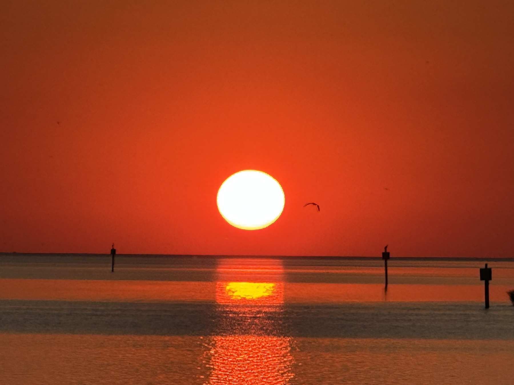 A bright sun and golden reflection beneath an orange sky
